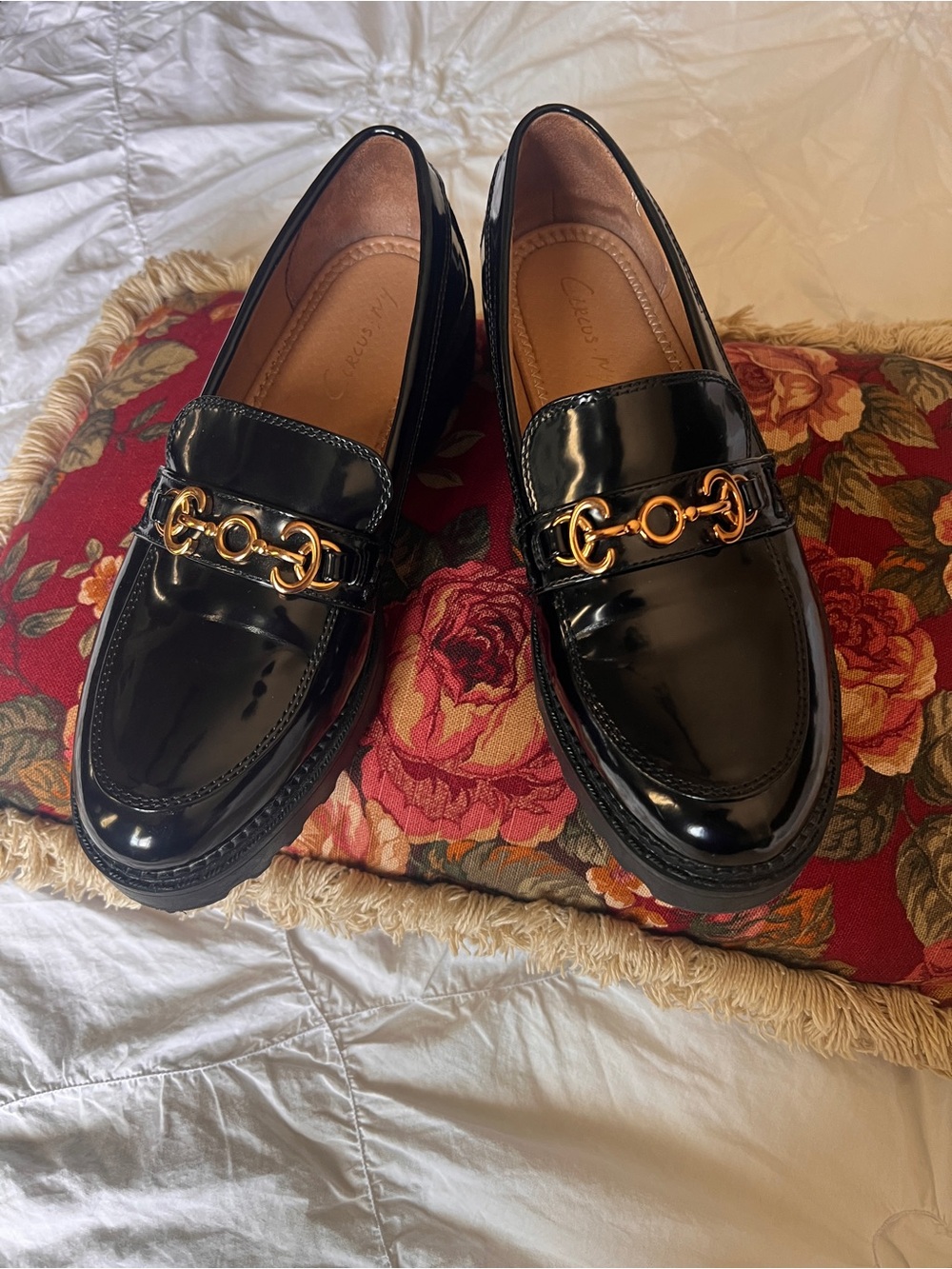 Circus by Sam Edelman Black Patent Loafers with Gold Chain Detail